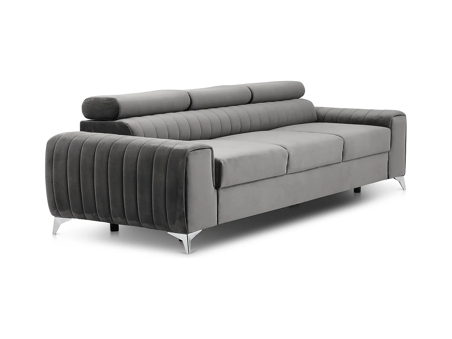 Canapé convertible velours LOZA - Appuis-tête réglables et pieds acier chromé-Gris foncé