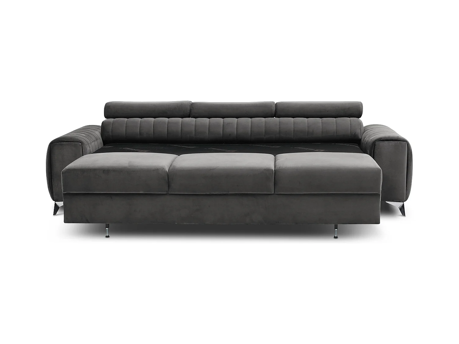 Canapé convertible velours LOZA - Appuis-tête réglables et pieds acier chromé-Gris foncé