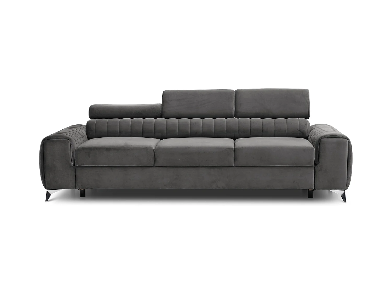 Canapé convertible velours LOZA - Appuis-tête réglables et pieds acier chromé-Gris foncé