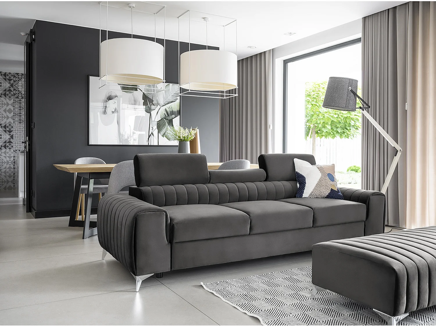 LOZA fluwelen slaapbank - Verstelbare hoofdsteunen en verchroomde stalen poten-Kleur Donkergrijs