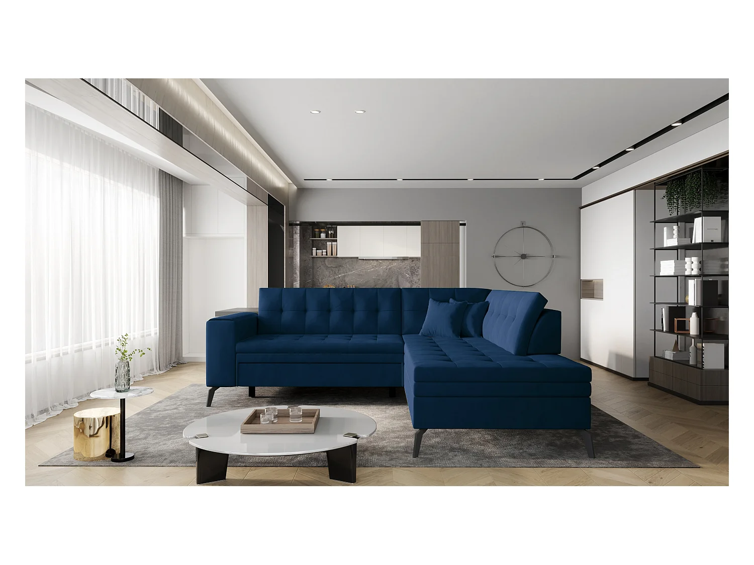 Canapé d'angle convertible velours LARRY - Pieds acier noir-Bleu nuit-angle droit