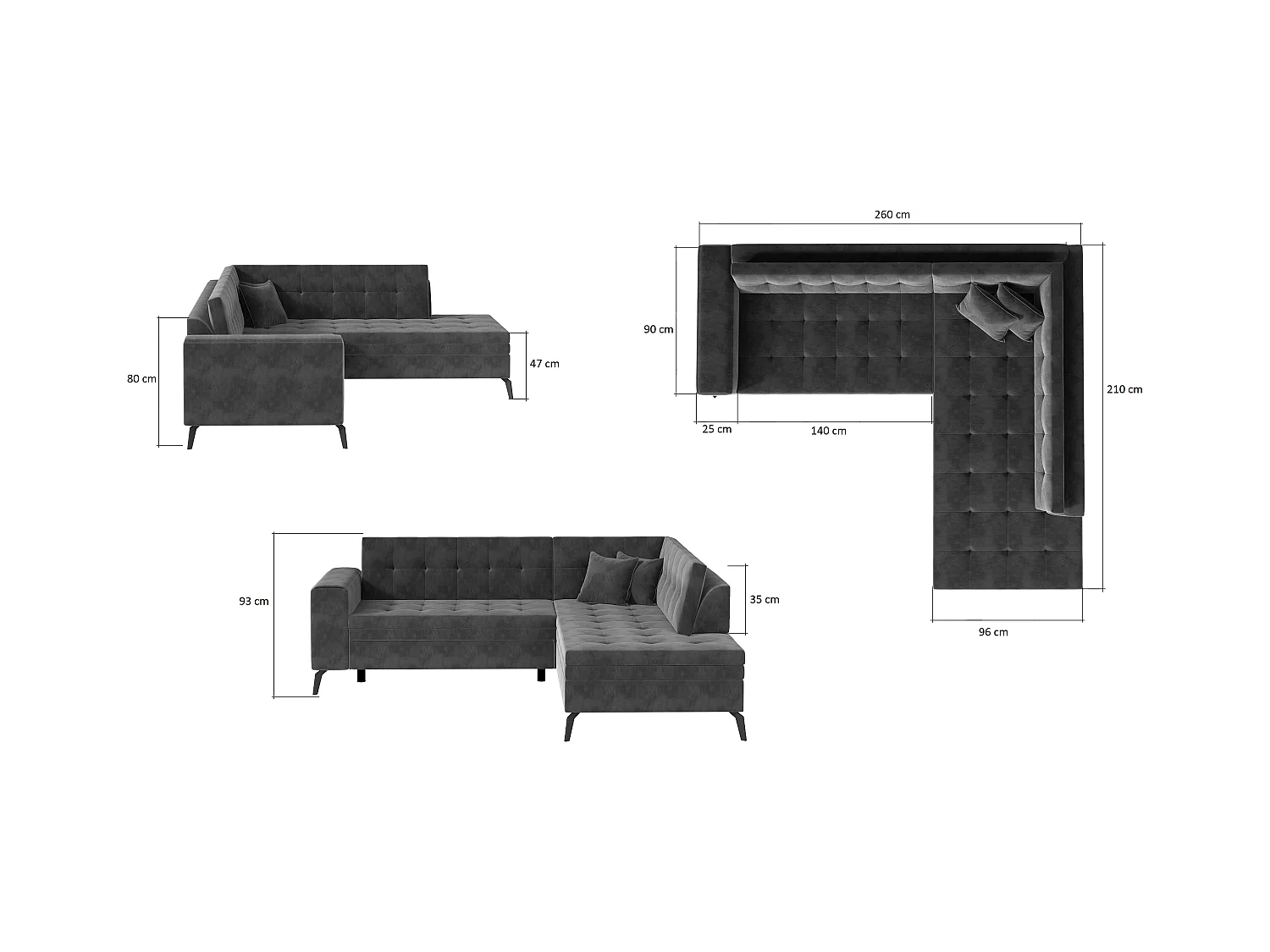 Canapé d'angle convertible velours LARRY - Pieds acier noir-Bleu nuit-angle droit