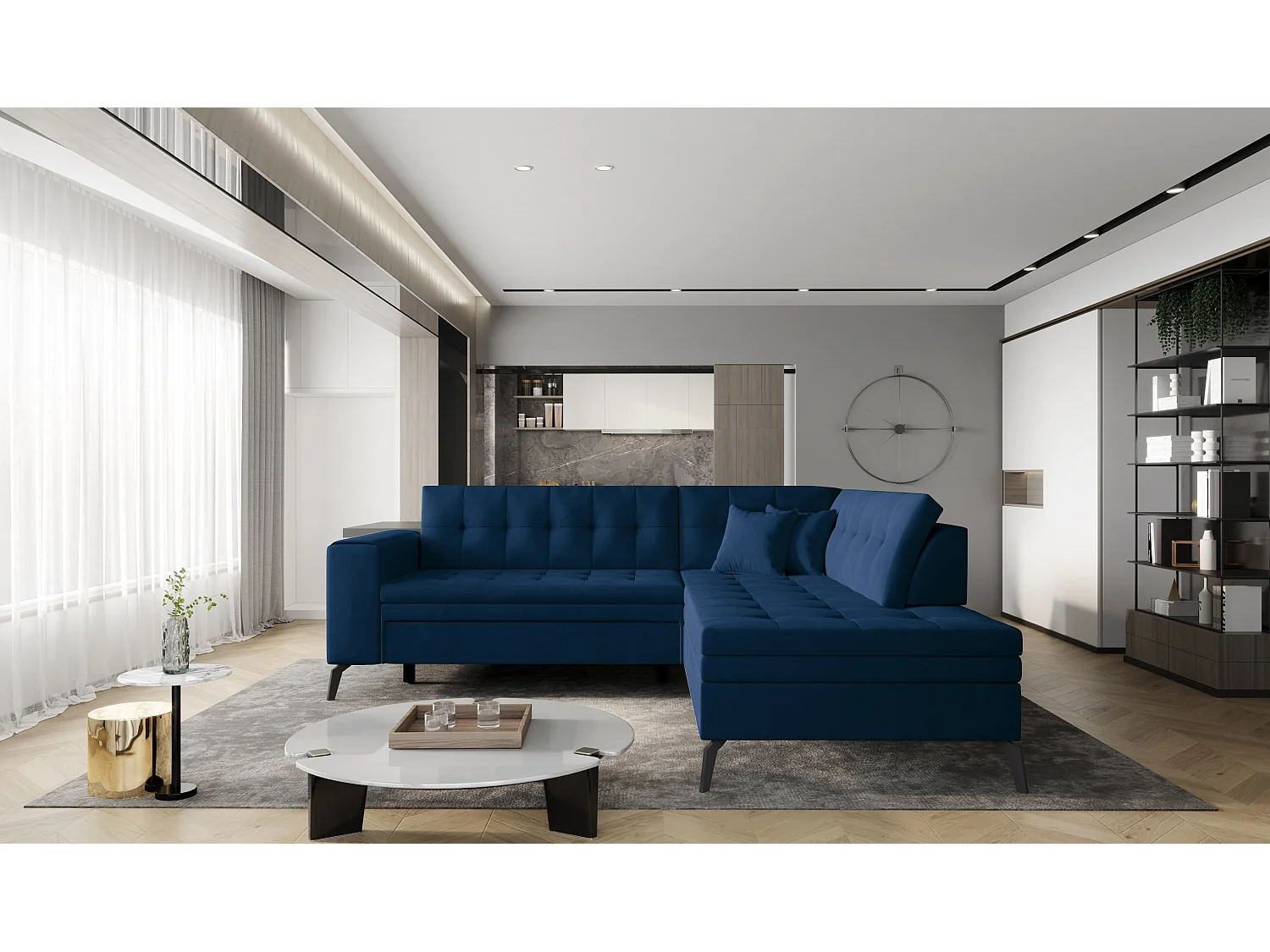 Canapé d'angle convertible velours LARRY - Pieds acier noir-Bleu nuit-angle droit