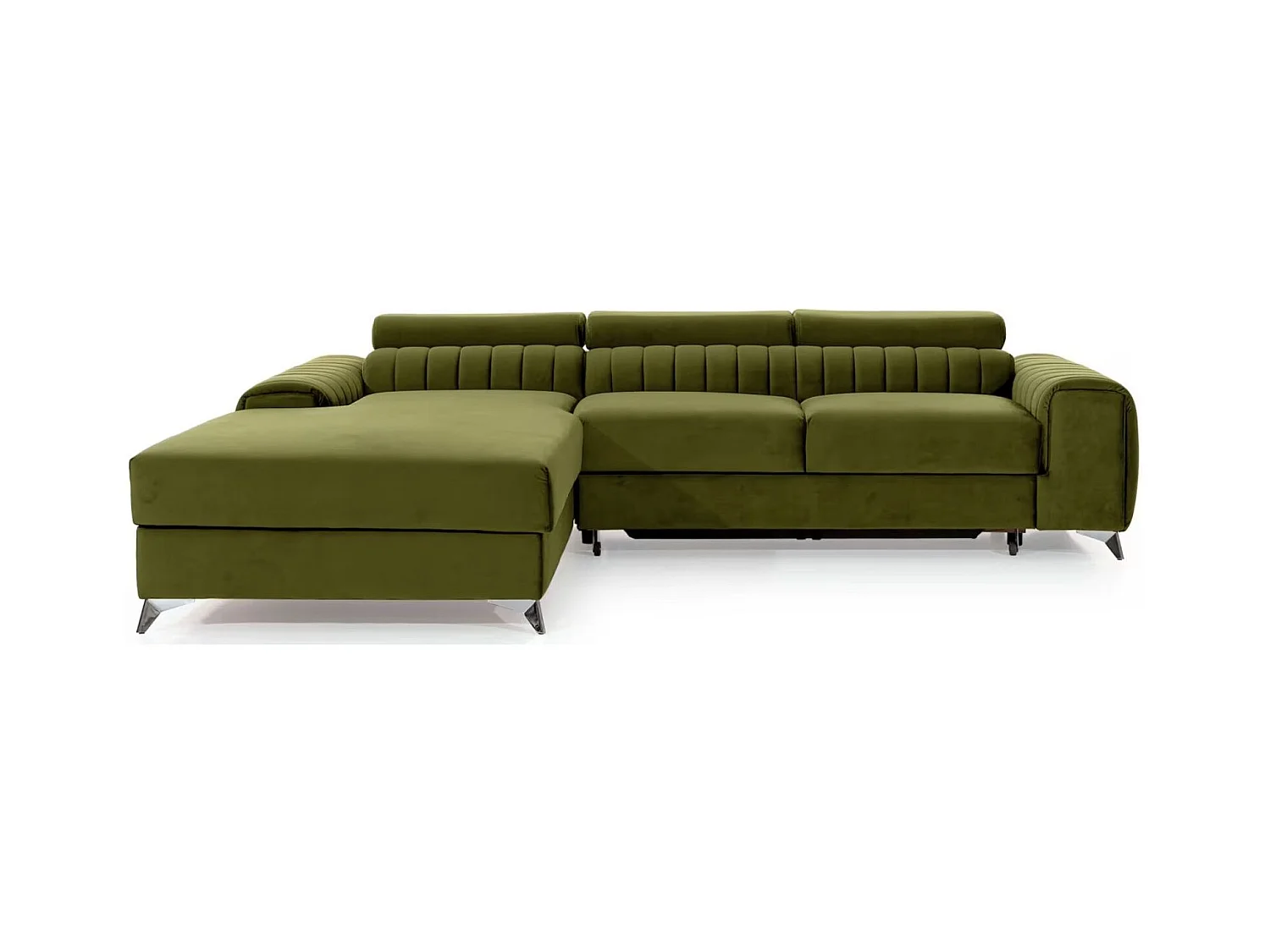 Canapé d'angle convertible velours têtière réglables GRENKY - Coffre, pieds acier chromé-Vert olive-angle gauche