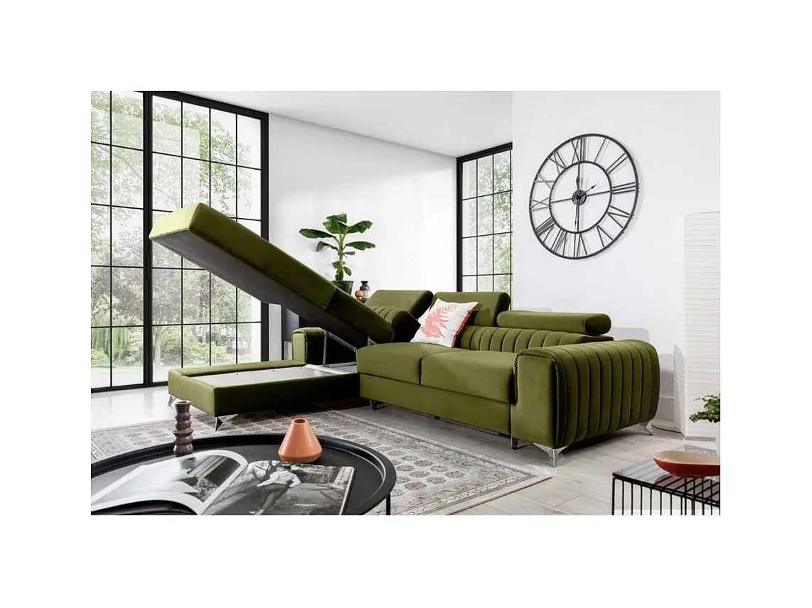 Canapé d'angle convertible velours têtière réglables GRENKY - Coffre, pieds acier chromé-Vert olive-angle gauche