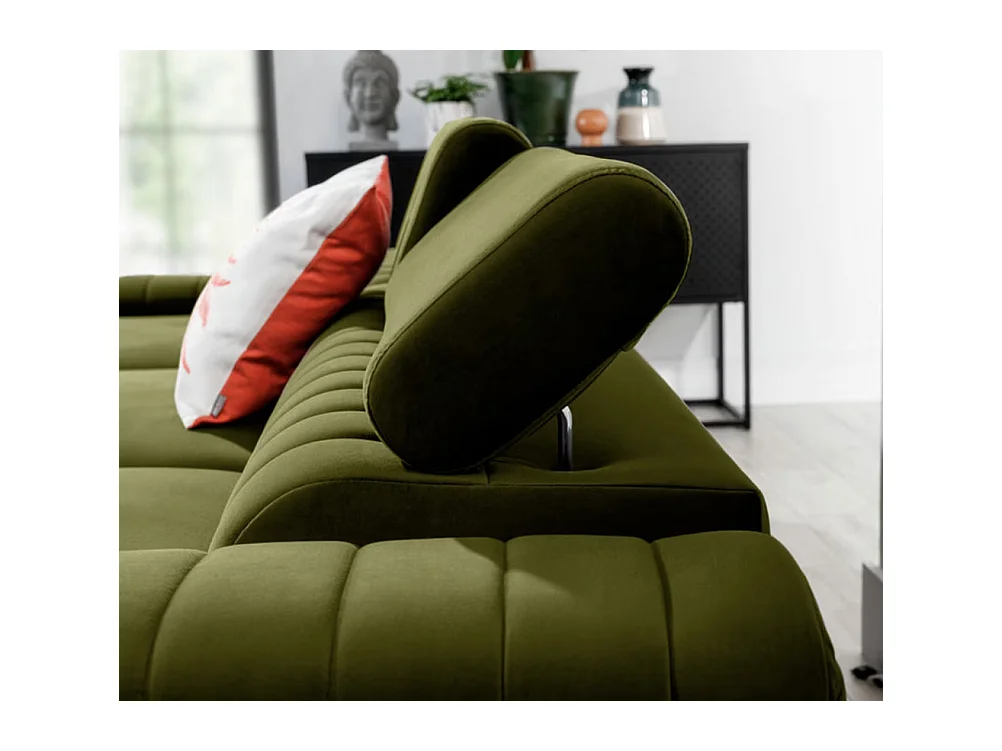 Canapé d'angle convertible velours têtière réglables GRENKY - Coffre, pieds acier chromé-Vert olive-angle gauche