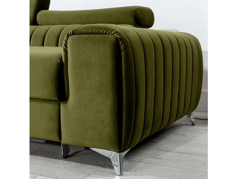 Canapé d'angle convertible velours têtière réglables GRENKY - Coffre, pieds acier chromé-Vert olive-angle gauche