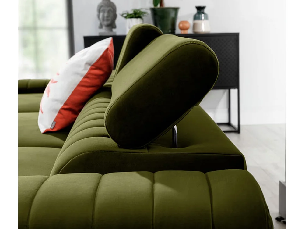 Canapé d'angle convertible velours têtière réglables GRENKY - Coffre, pieds acier chromé-Vert olive-angle gauche