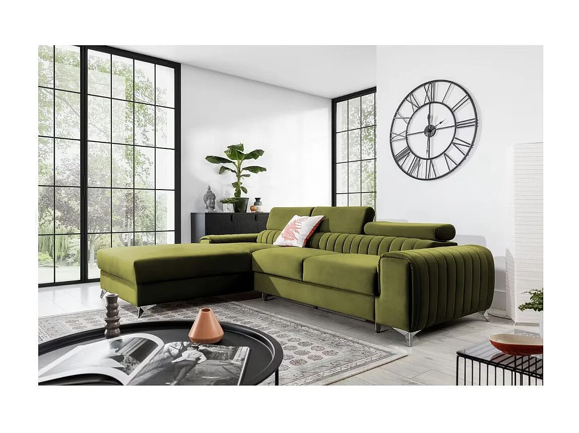 Canapé d'angle convertible velours têtière réglables GRENKY - Coffre, pieds acier chromé-Vert olive-angle gauche