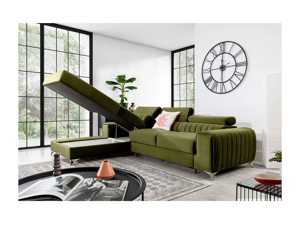 Canapé d'angle convertible velours têtière réglables GRENKY - Coffre, pieds acier chromé-Vert olive-angle gauche