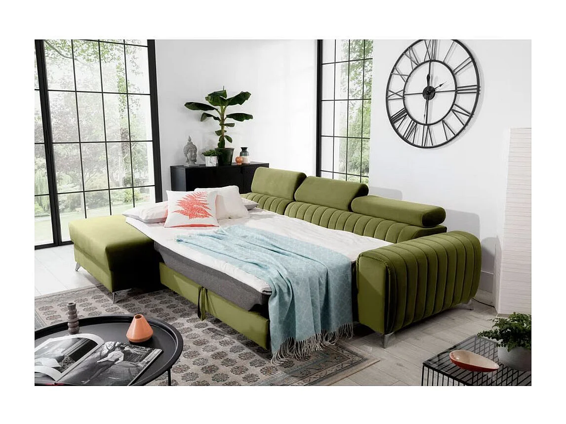 Canapé d'angle convertible velours têtière réglables GRENKY - Coffre, pieds acier chromé-Vert olive-angle gauche