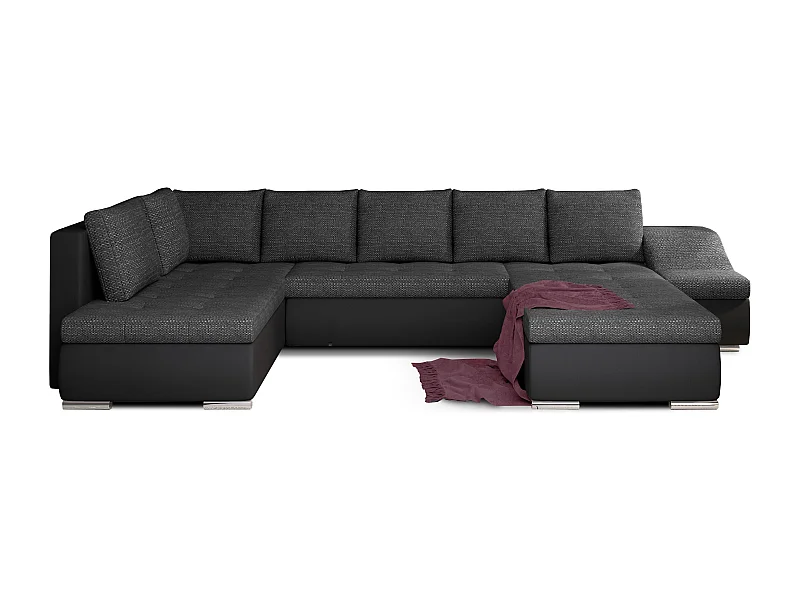 Canapé panoramique convertible JONAZ simili cuir, tissu - Rangement integré-Noir/Noir chiné-Méridienne A droite