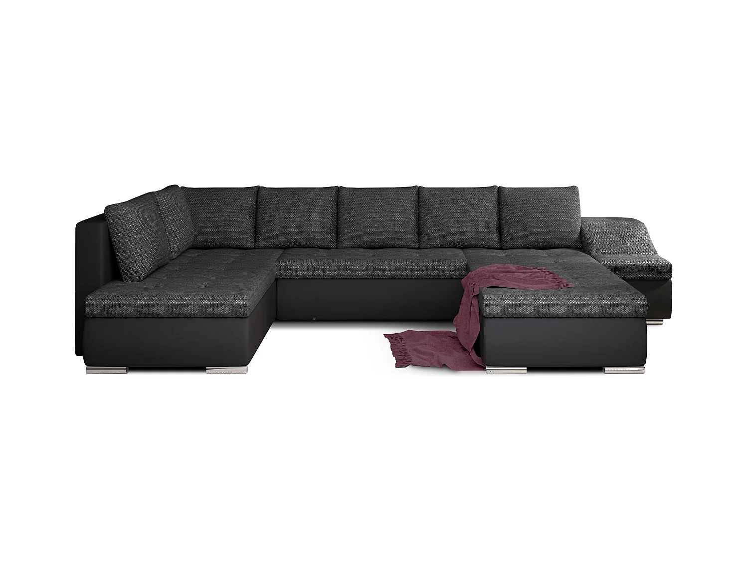 Canapé panoramique convertible JONAZ simili cuir, tissu - Rangement integré-Noir/Noir chiné-Méridienne A droite