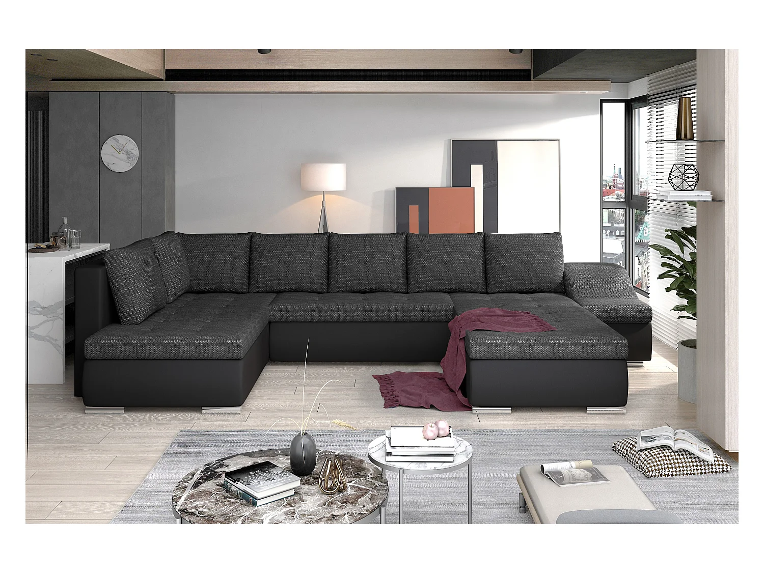 Canapé panoramique convertible JONAZ simili cuir, tissu - Rangement integré-Noir/Noir chiné-Méridienne A droite