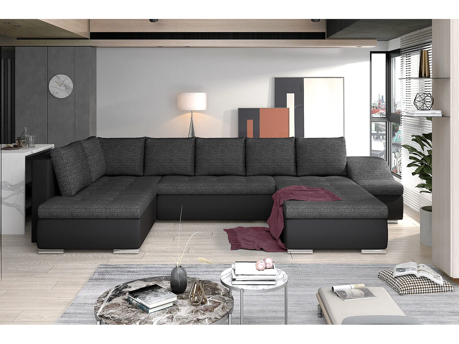 Canapé panoramique convertible JONAZ simili cuir, tissu - Rangement integré-Noir/Noir chiné-Méridienne A droite