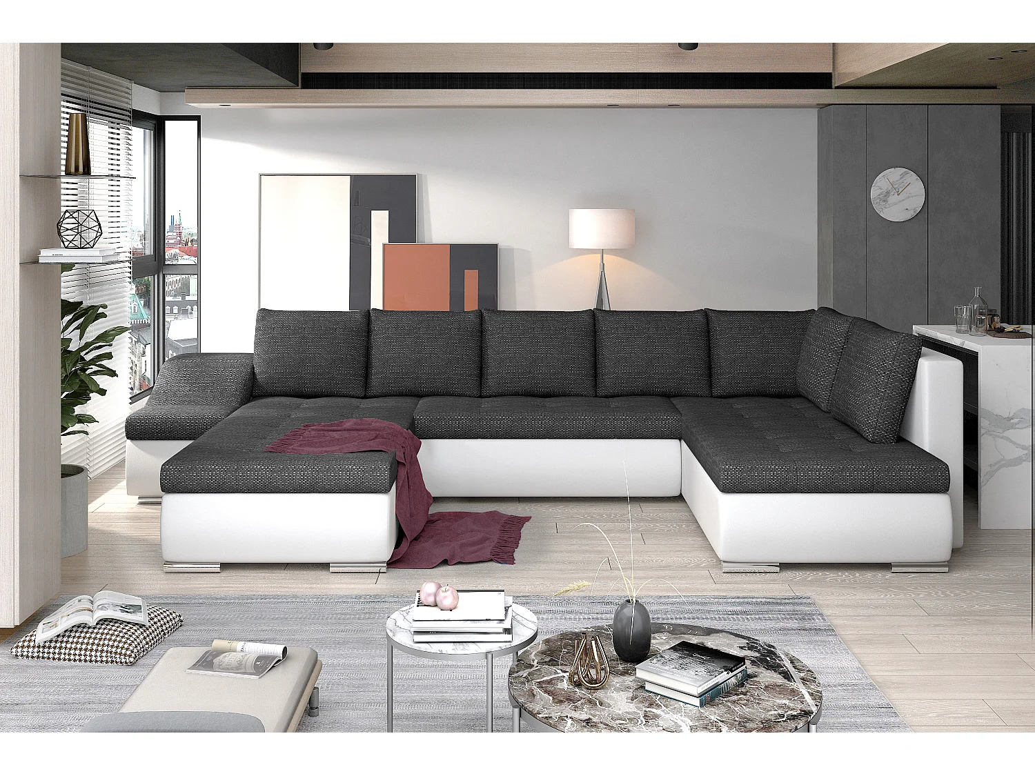 Canapé panoramique convertible JONAZ simili cuir, tissu - Rangement integré-Noir/Noir chiné-Méridienne A droite