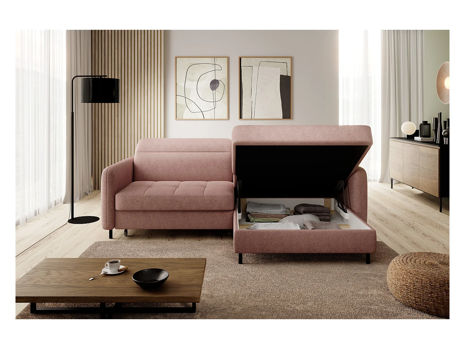 Petit canapé d’angle convertible tissu Kunder-Saumon-angle droit