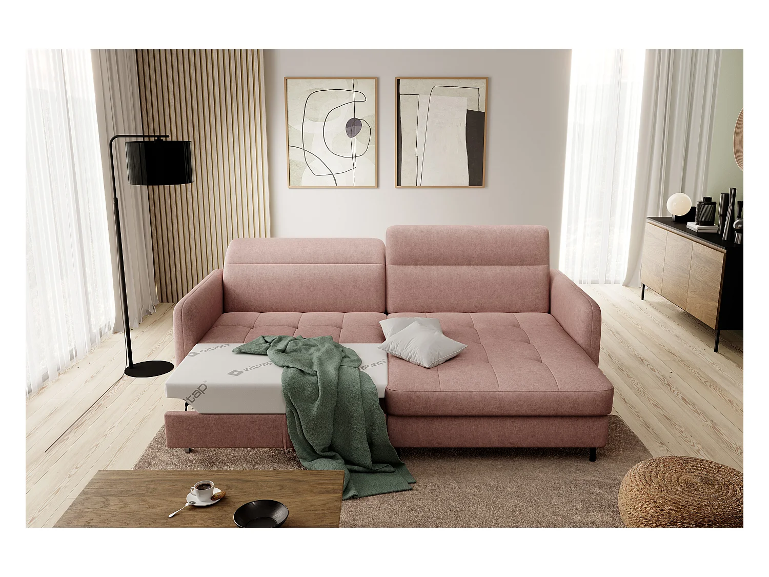 Petit canapé d’angle convertible tissu Kunder-Saumon-angle droit