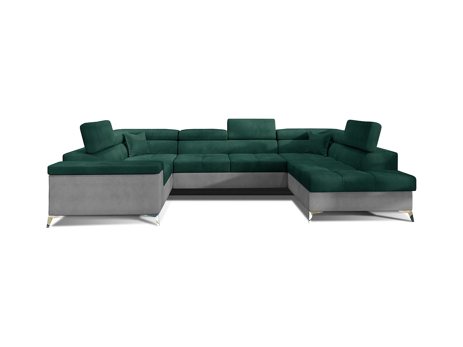 Canapé panoramique convertible TRIANO velours - têtières réglables-Gris clair/Vert-Coffre à droite