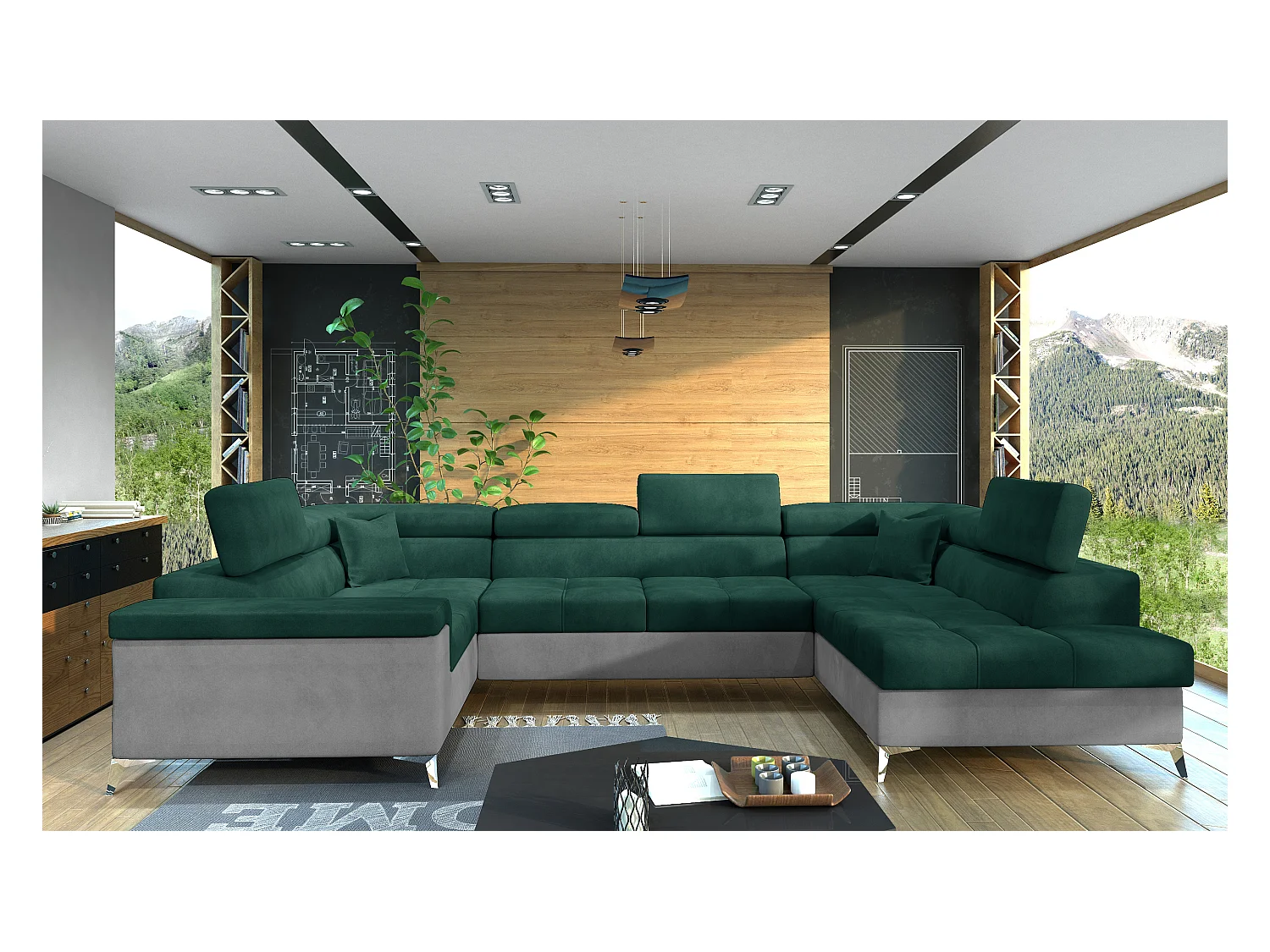 Canapé panoramique convertible TRIANO velours - têtières réglables-Gris clair/Vert-Coffre à droite