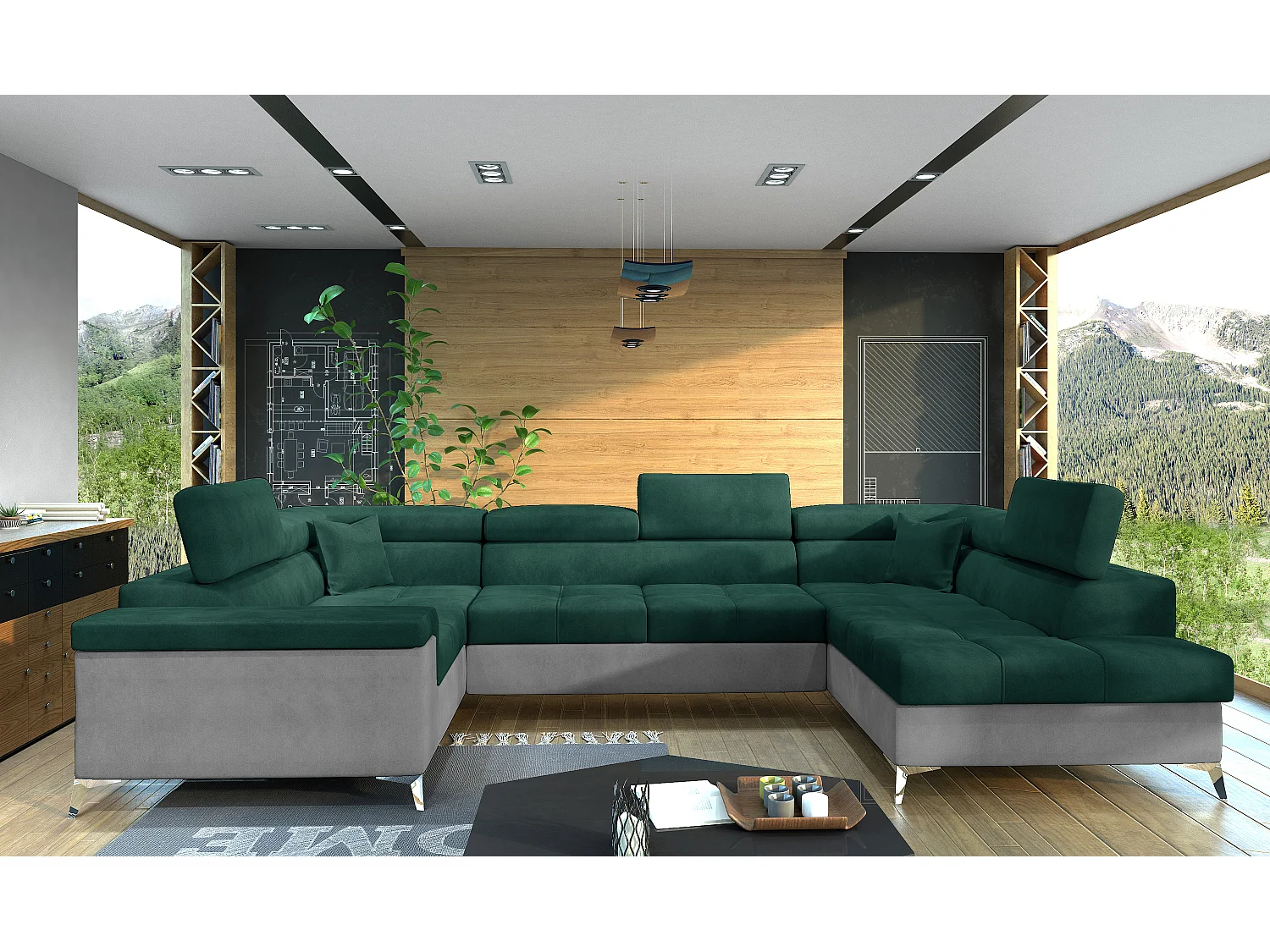 Sofá panorámico convertible TRIANO en terciopelo, con almacenaje y reposacabezas ajustables-Gris claro/Verde-Caja Lado derecho