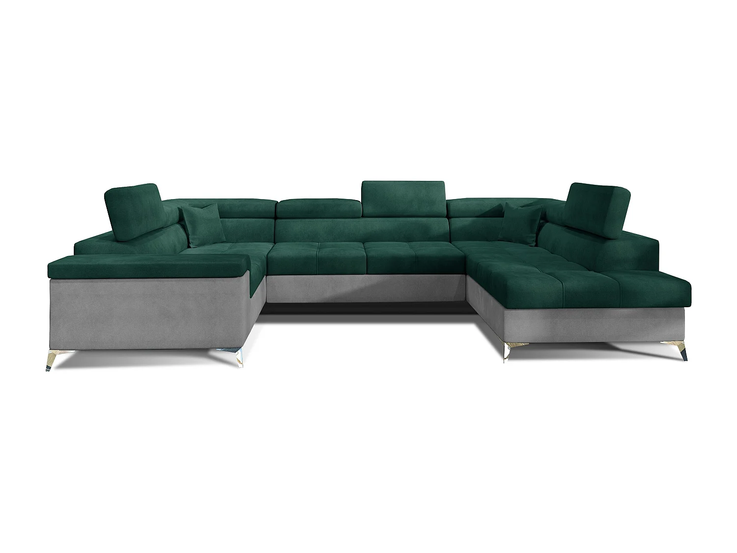 Canapé panoramique convertible TRIANO velours - têtières réglables-Gris clair/Vert-Coffre à droite