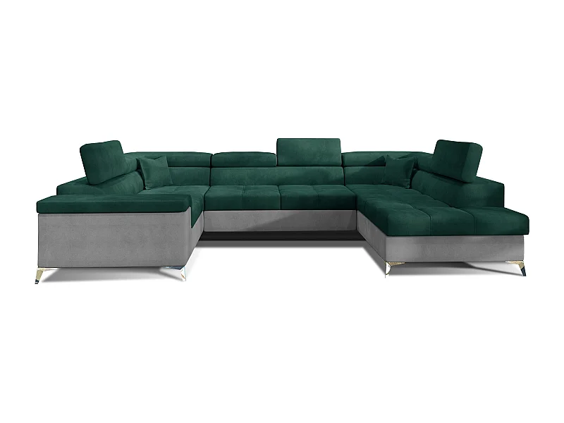Canapé panoramique convertible TRIANO velours - têtières réglables-Gris clair/Vert-Coffre à droite