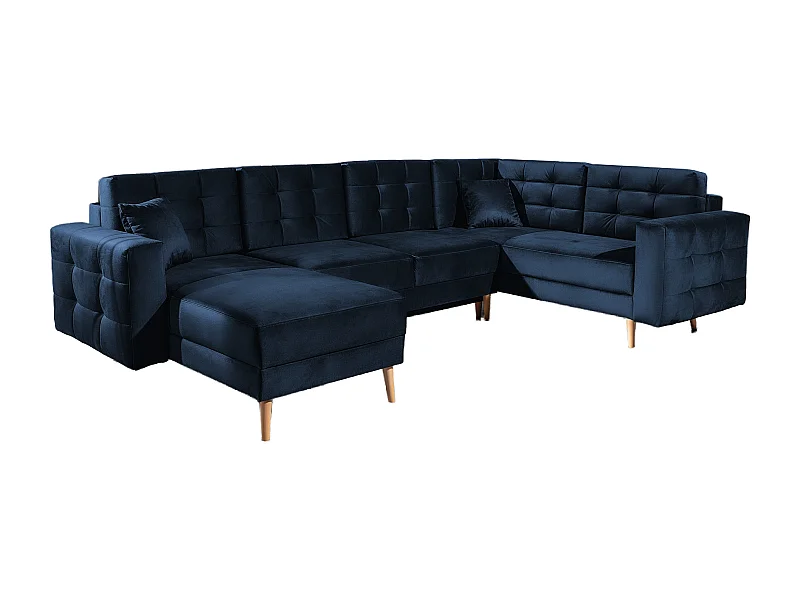 Canapé panoramique convertible ANSKA en velours - Pieds bois naturel-Bleu nuit