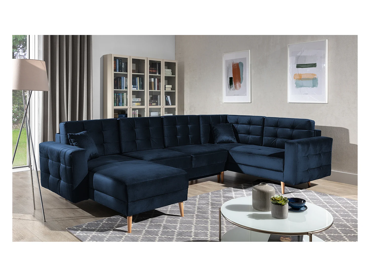 Canapé panoramique convertible ANSKA en velours - Pieds bois naturel-Bleu nuit