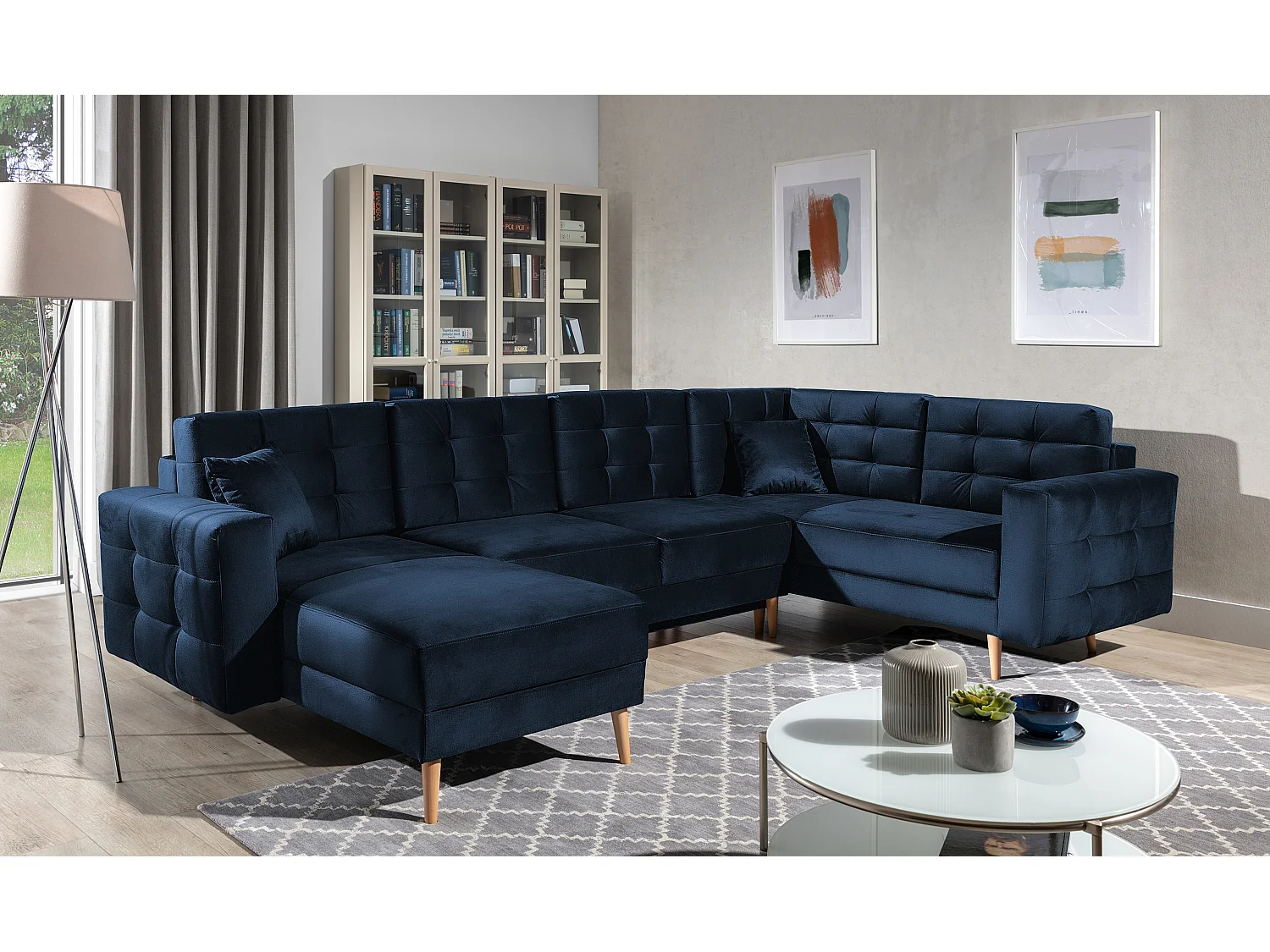 Canapé panoramique convertible ANSKA en velours - Pieds bois naturel-Bleu nuit