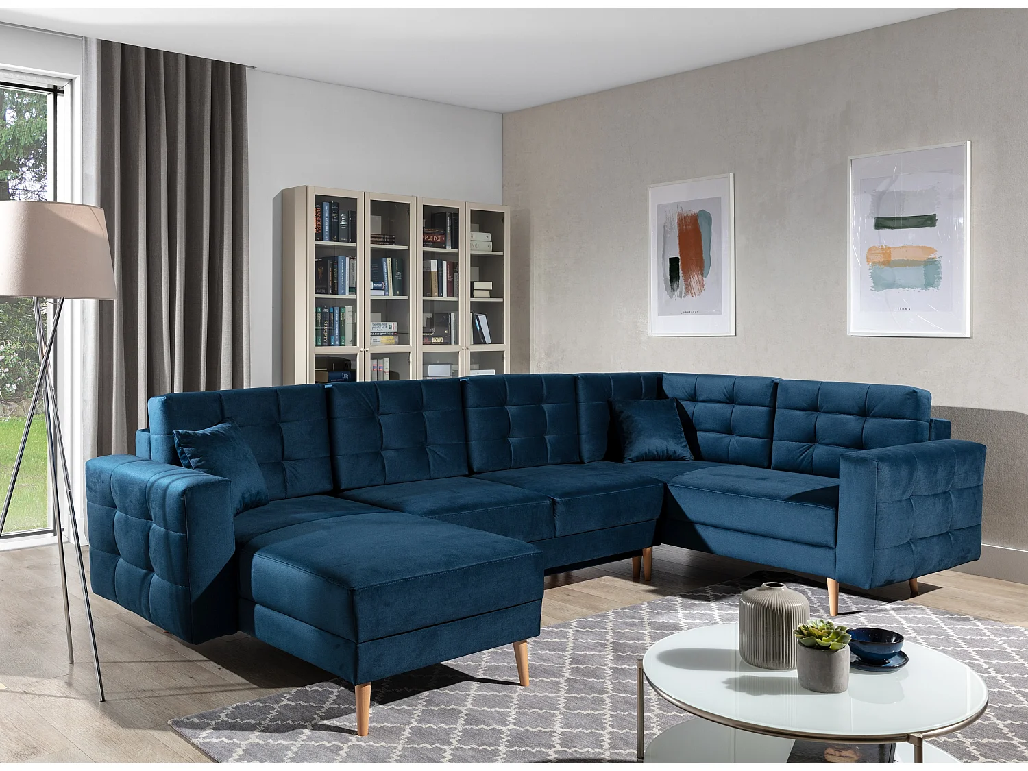 Canapé panoramique convertible ANSKA en velours - Pieds bois naturel-Bleu nuit