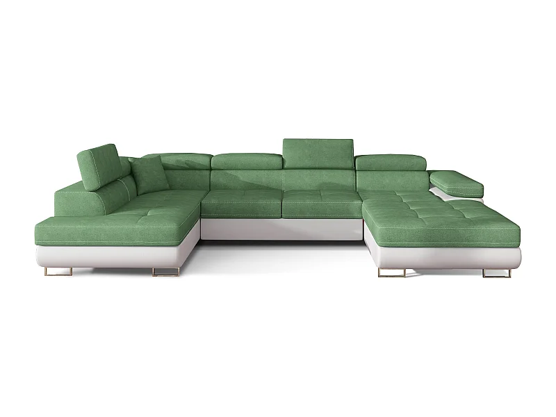 Canapé panoramique convertible ROMANO - Rangement et appuie-têtes réglables-Blanc/Vert clair-Coffre à gauche