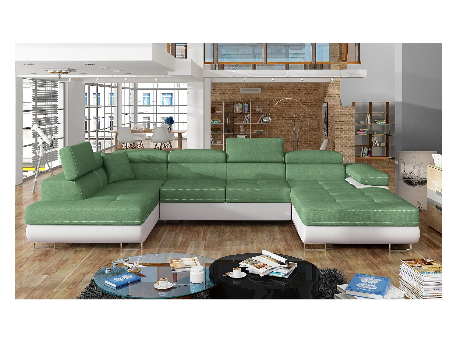 Canapé panoramique convertible ROMANO - Rangement et appuie-têtes réglables-Blanc/Vert clair-Coffre à gauche