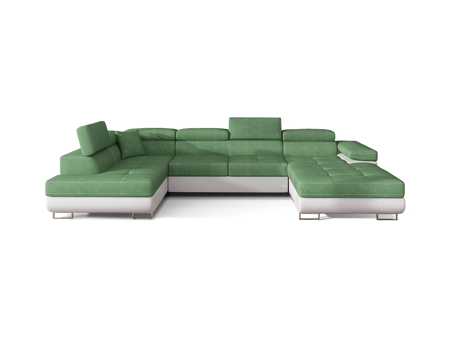 Canapé panoramique convertible ROMANO - Rangement et appuie-têtes réglables-Blanc/Vert clair-Coffre à gauche