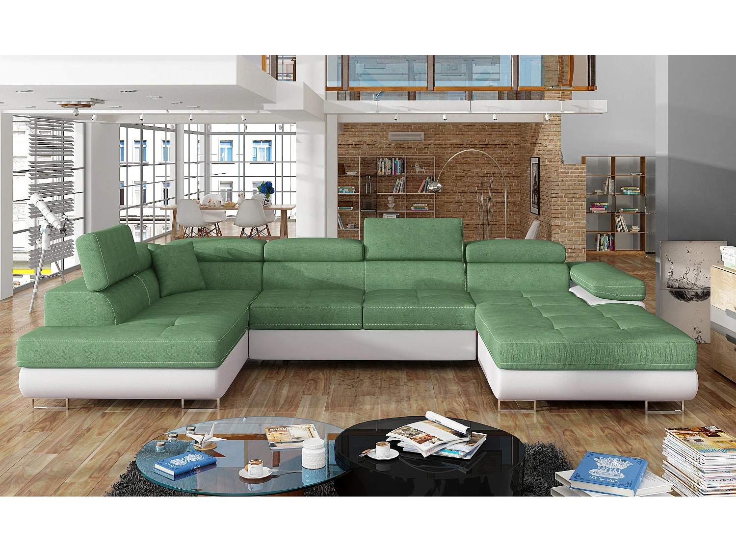 Canapé panoramique convertible ROMANO - Rangement et appuie-têtes réglables-Blanc/Vert clair-Coffre à gauche