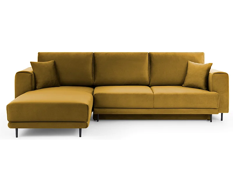 Canapé d'angle convertible velours DAVINA - Coffre et pieds métal noir-Jaune moutarde-angle gauche