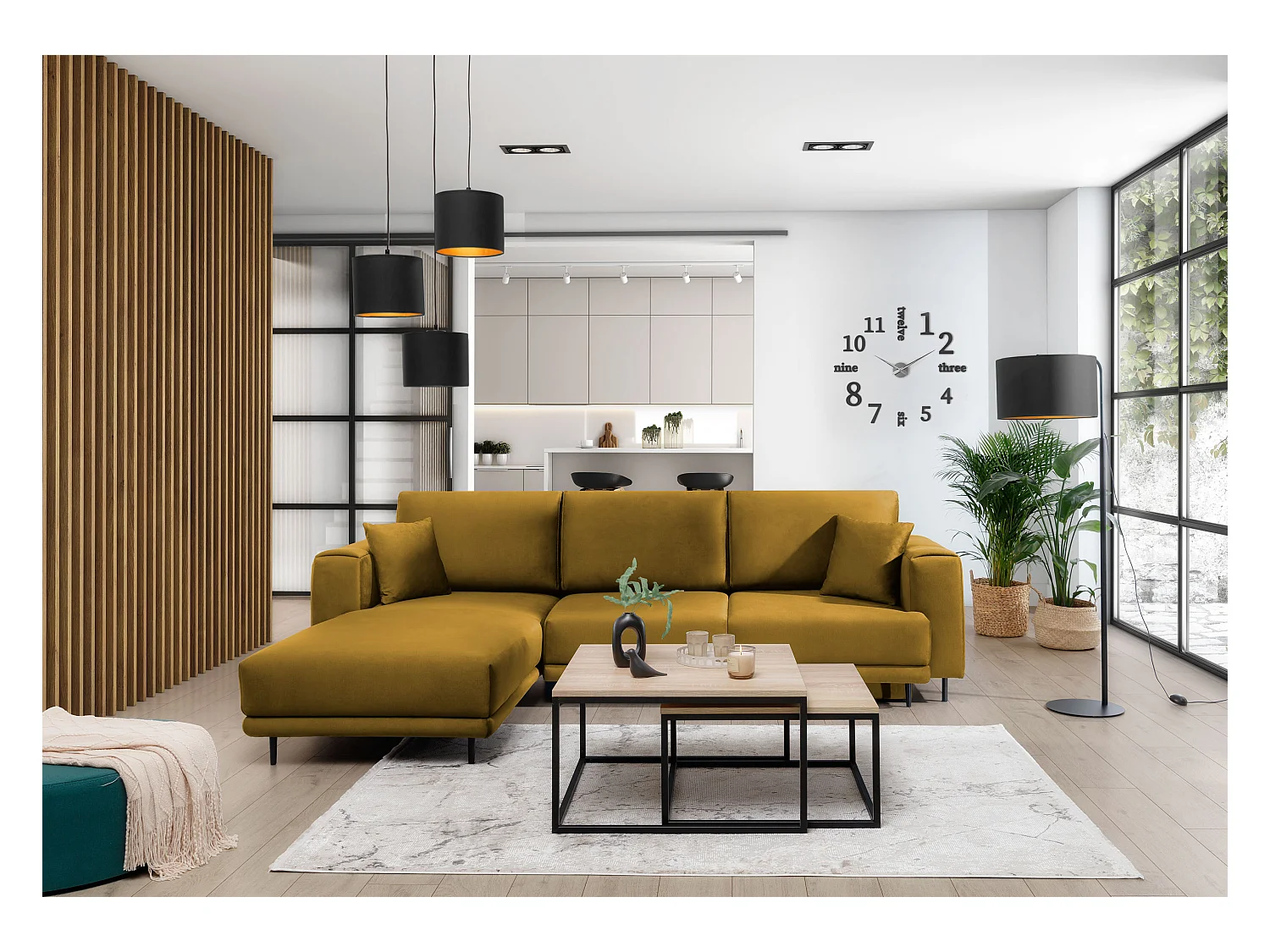 Canapé d'angle convertible velours DAVINA - Coffre et pieds métal noir-Jaune moutarde-angle gauche