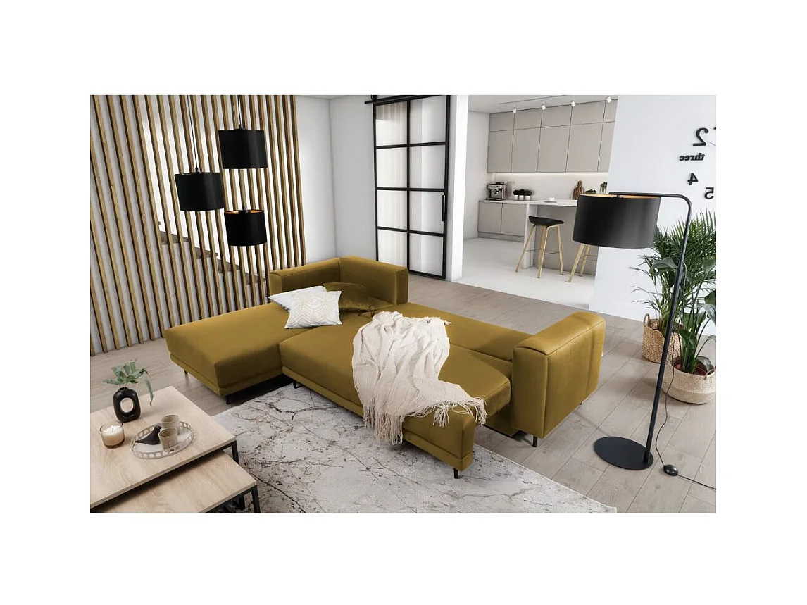 Canapé d'angle convertible velours DAVINA - Coffre et pieds métal noir-Jaune moutarde-angle gauche