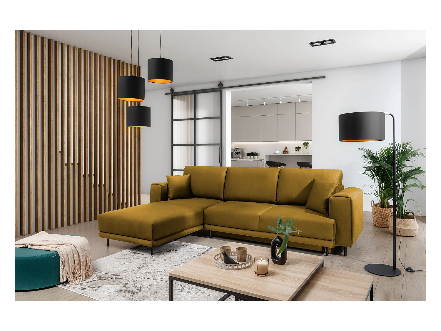 Canapé d'angle convertible velours DAVINA - Coffre et pieds métal noir-Jaune moutarde-angle gauche