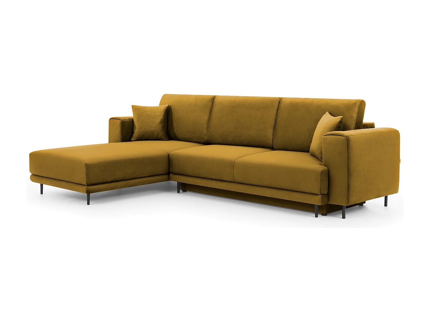 Canapé d'angle convertible velours DAVINA - Coffre et pieds métal noir-Jaune moutarde-angle gauche
