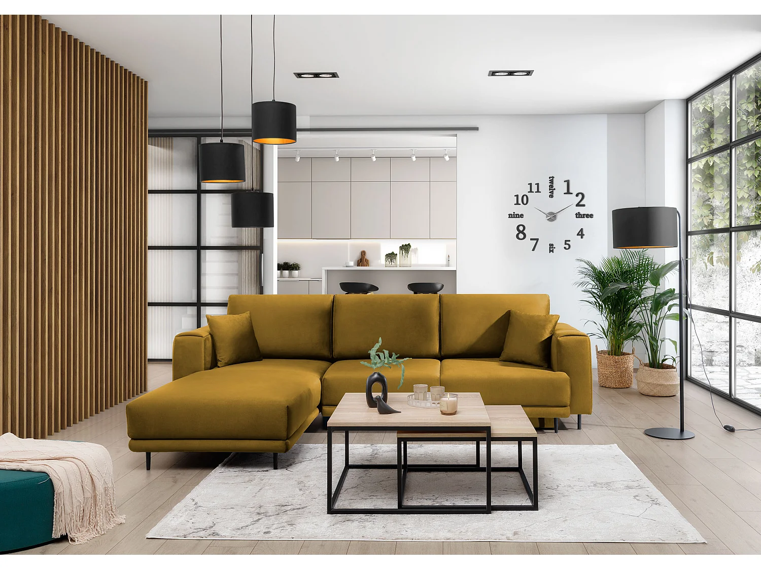 Canapé d'angle convertible velours DAVINA - Coffre et pieds métal noir-Jaune moutarde-angle gauche