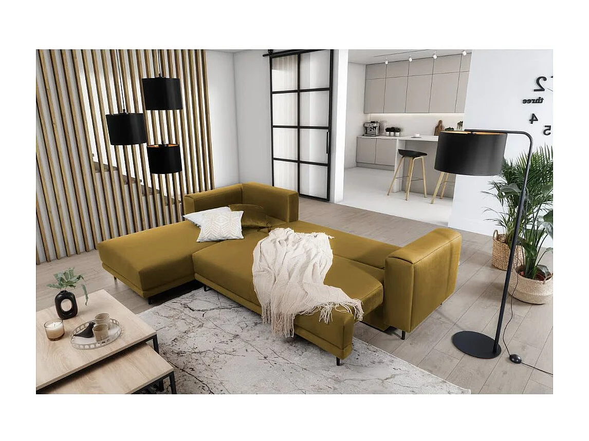 Canapé d'angle convertible velours DAVINA - Coffre et pieds métal noir-Jaune moutarde-angle gauche