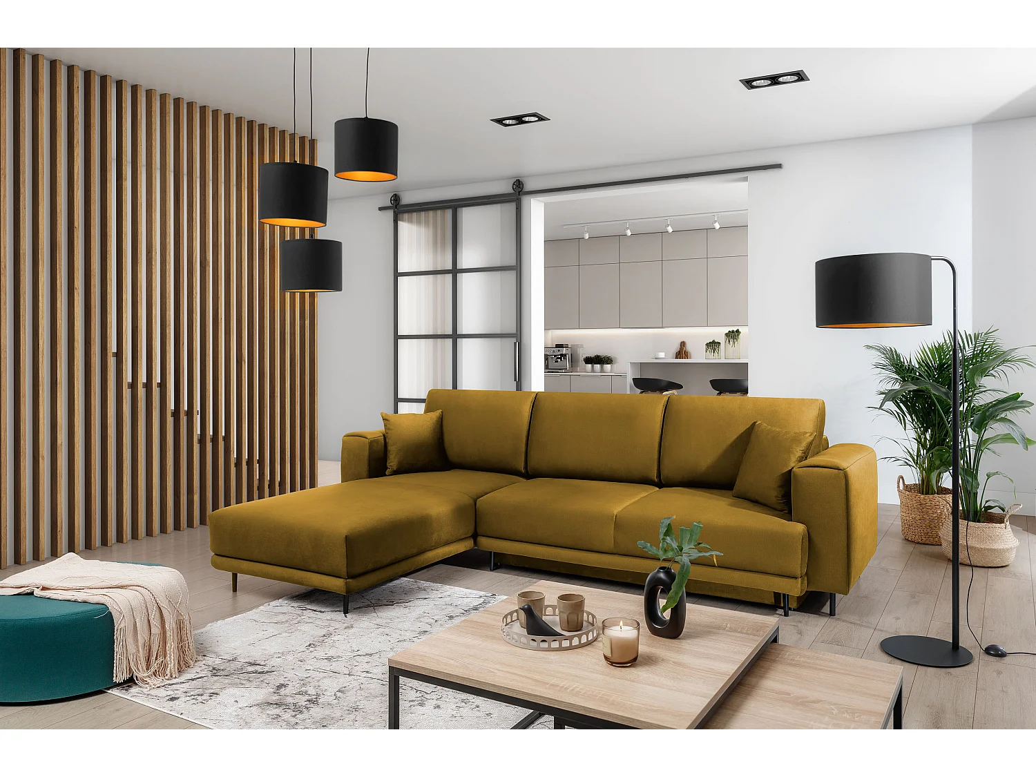 Canapé d'angle convertible velours DAVINA - Coffre et pieds métal noir-Jaune moutarde-angle gauche