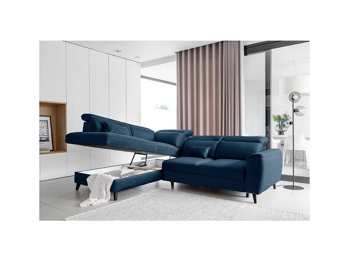Canapé d'angle convertible avec rangement velours NOBLESSE - Pieds bois noir-Bleu-angle gauche