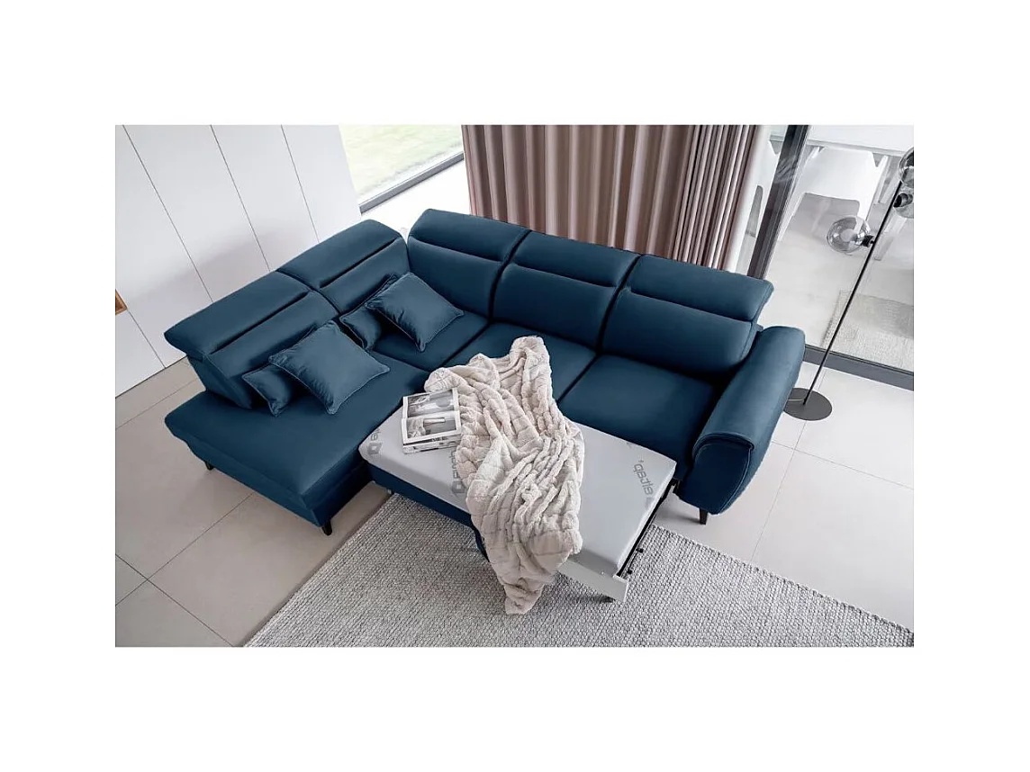 Canapé d'angle convertible avec rangement velours NOBLESSE - Pieds bois noir-Bleu-angle gauche