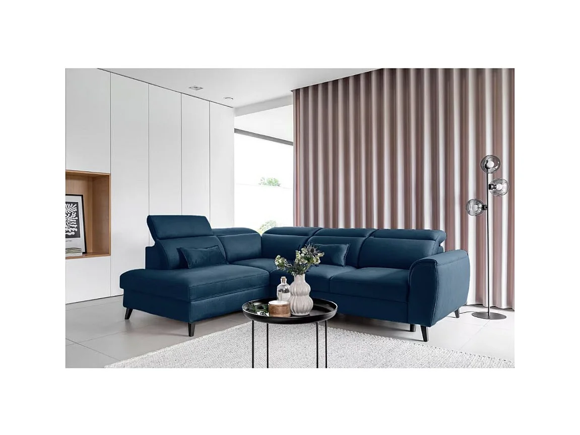 Canapé d'angle convertible avec rangement velours NOBLESSE - Pieds bois noir-Bleu-angle gauche