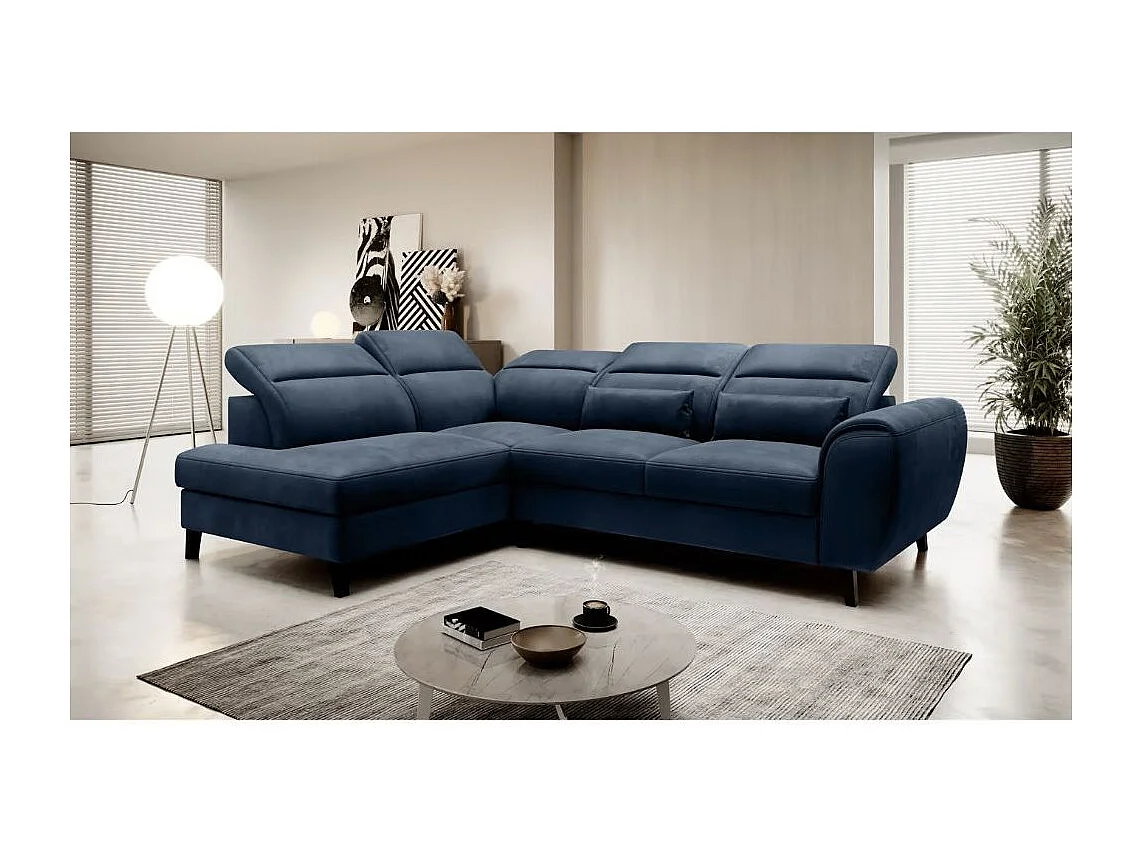 Canapé d'angle convertible avec rangement velours NOBLESSE - Pieds bois noir-Bleu-angle gauche