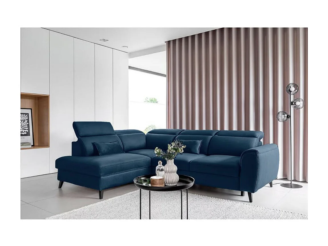 Canapé d'angle convertible avec rangement velours NOBLESSE - Pieds bois noir-Bleu-angle gauche