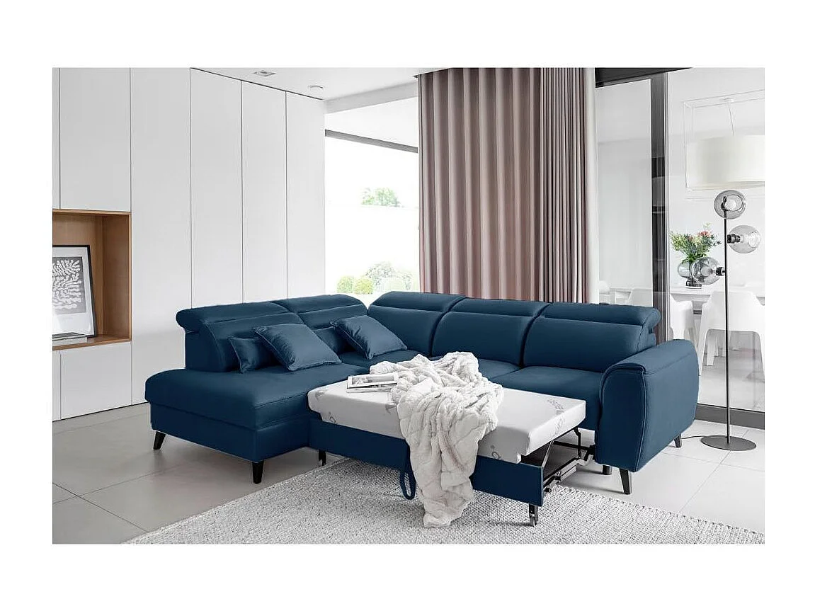 Canapé d'angle convertible avec rangement velours NOBLESSE - Pieds bois noir-Bleu-angle gauche