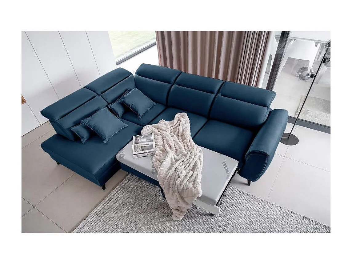 Canapé d'angle convertible avec rangement velours NOBLESSE - Pieds bois noir-Bleu-angle gauche